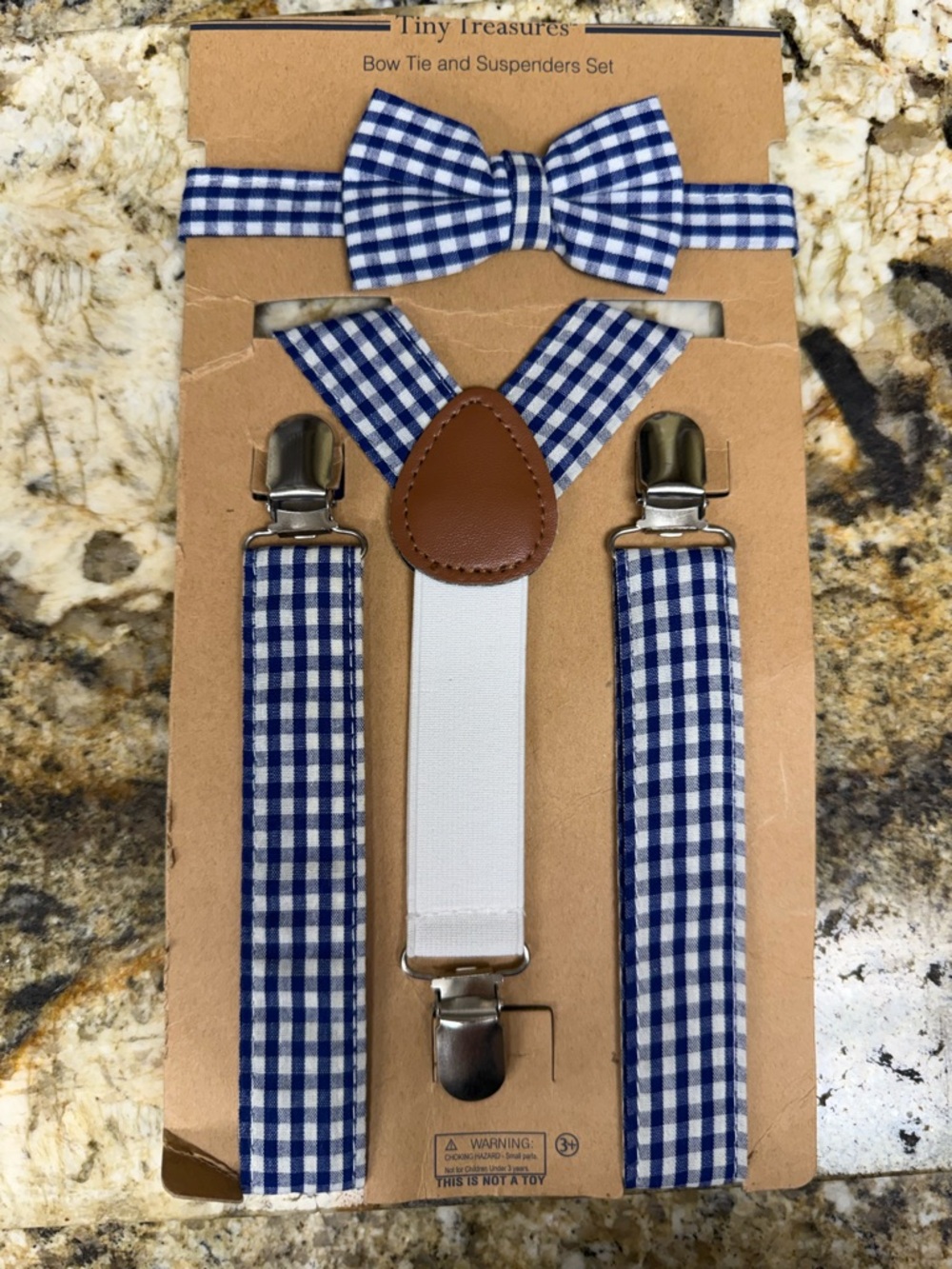 Gingham Bow Tie & Suspenders Set - Navy Blue and White